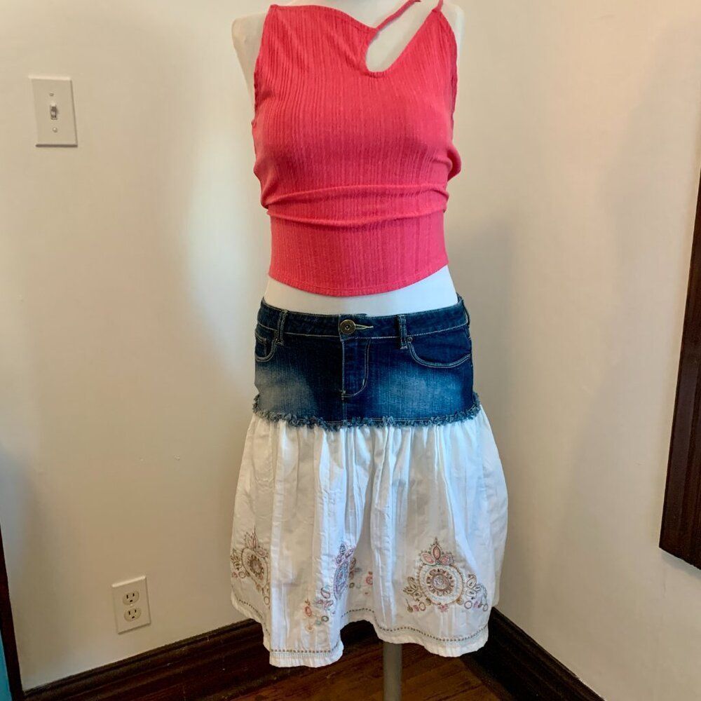 VTG YMI Lace Ruffle Denim Midi Skirt y2k 2000s 90s Western Mixed Peasant Cotton - Picture 11 of 16